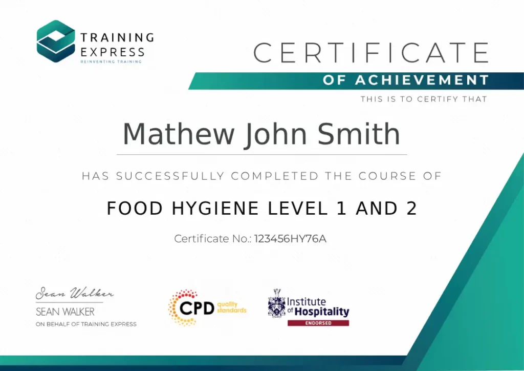 Certification of Food Hygiene Level 1 and 2