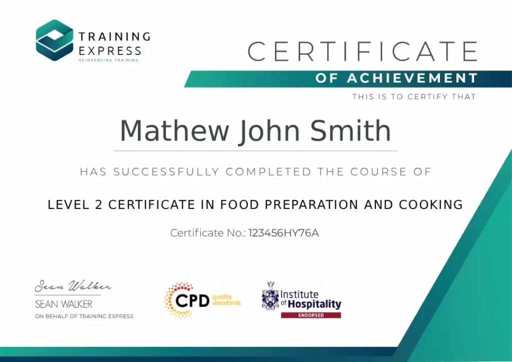 Certification of Level 2 Certificate in Food Preparation and Cooking