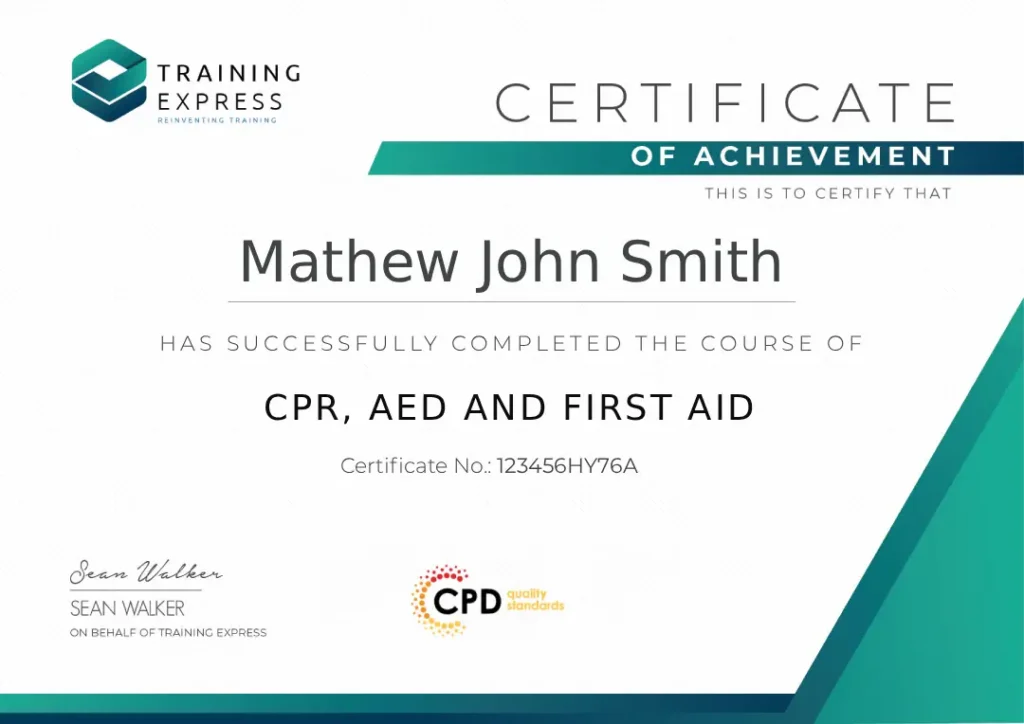 Certification of CPR, AED and First Aid