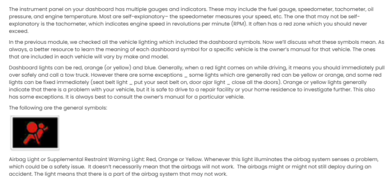 Dashboard Indicator Lights