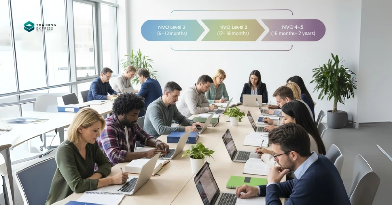 How Long Does an NVQ Take to Complete The time it takes to complete an NVQ can vary. On average NVQ Level 2 takes around 6–12 months. NVQ Level 3 usually takes 12–18 months. NVQ Level 4–5 may take 18 months to 2 years.