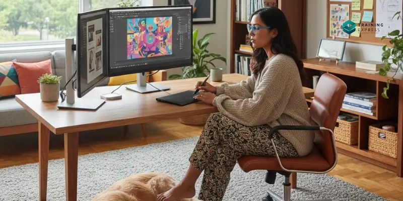 A female graphics designer working remotely from home