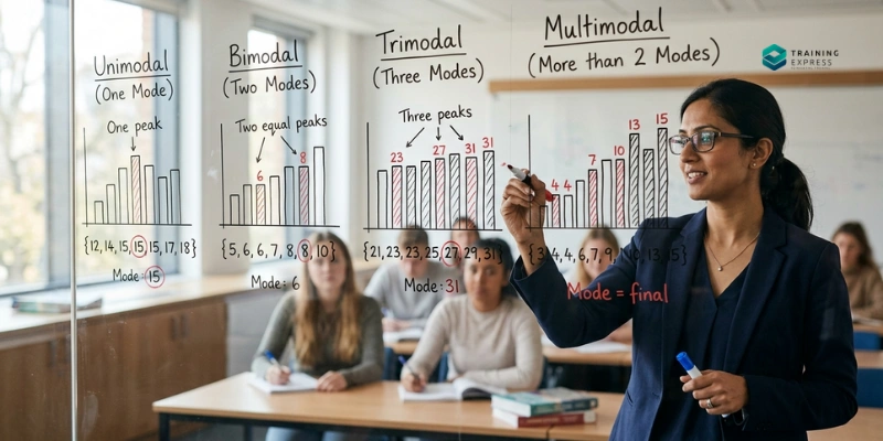 A teacher explains unimodal, bimodal, trimodal, and multimodal distributions using bar graphs drawn on a glass board in front of students.