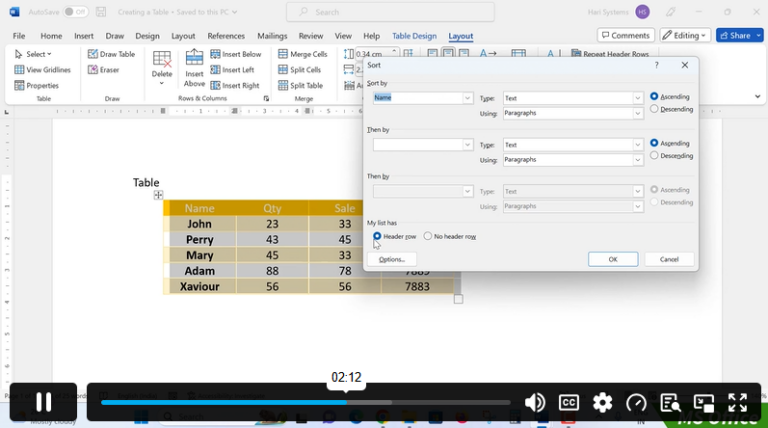 Sorting in a table